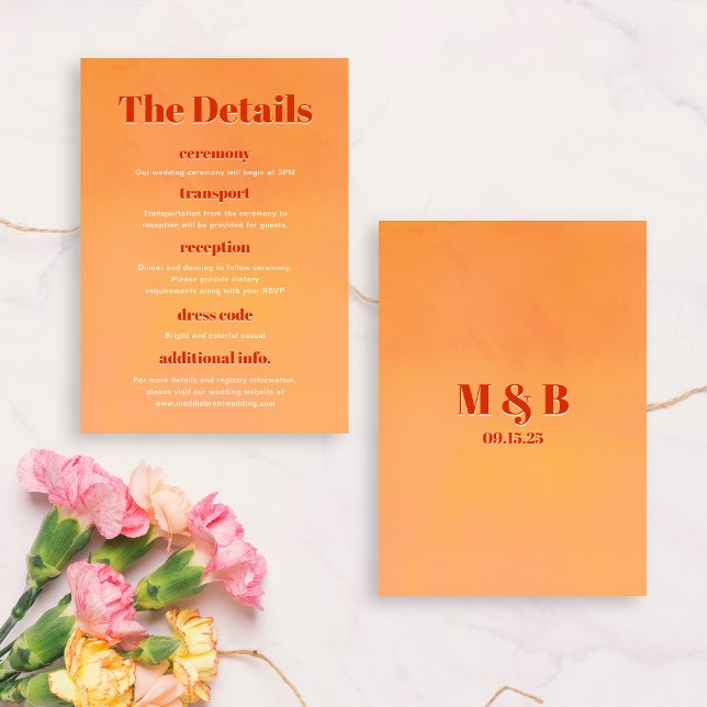 Carte D'accompagnement Bold Modern Orange Sunset Monogram Wedding Details (Créateur téléchargé)