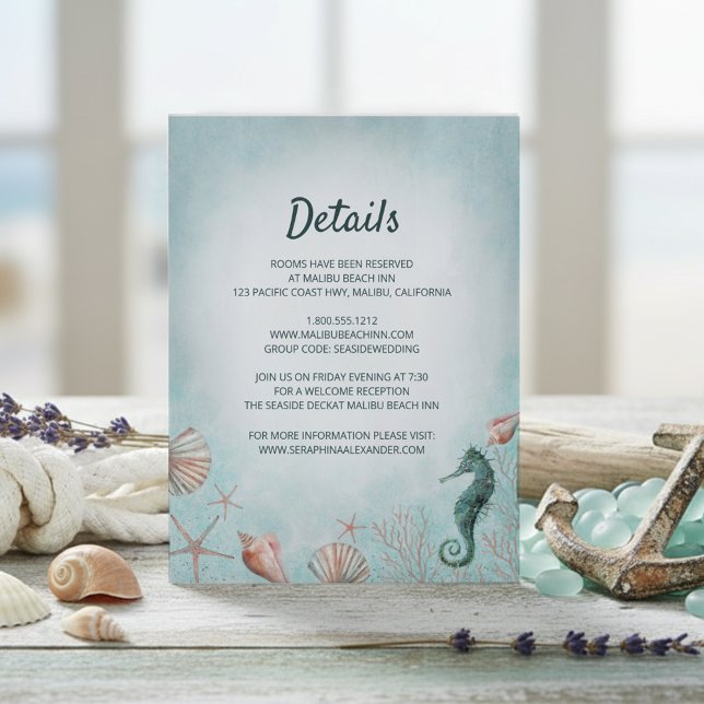 Carte D'accompagnement Bord de mer | Détails du Mariage d'aquarelle bleu  (Créateur téléchargé)