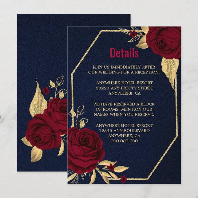 Carte D'accompagnement bordeaux or floral géométrique marine bleu détails (Devant / Derrière)