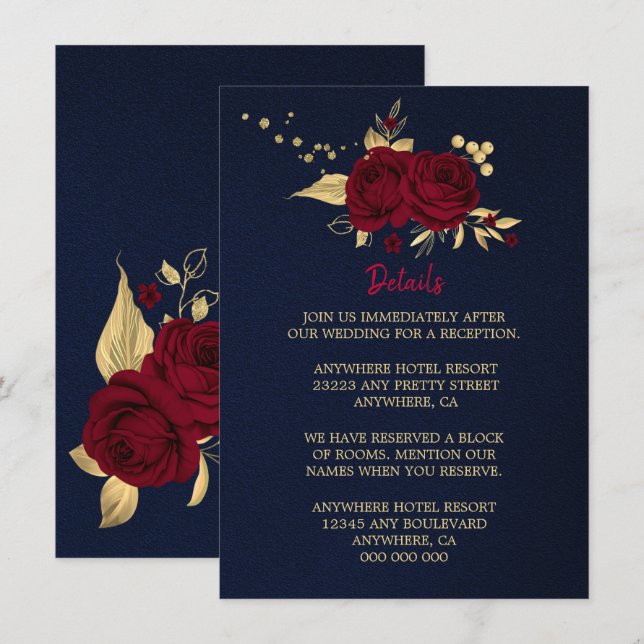 Carte D'accompagnement bordeaux or floral marine bleu détails (Devant / Derrière)