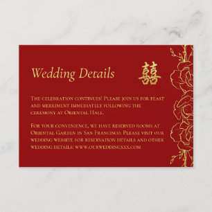 Carte D'accompagnement Bordure fleurie or rouge détails mariages chinois