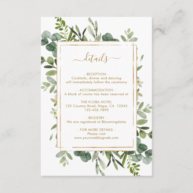 Carte D'accompagnement Botanical Gold Greenery Détails du Mariage (Devant)