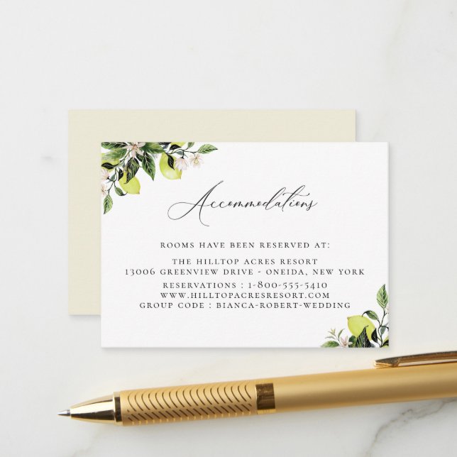 Carte D'accompagnement Botanique Citrons Mariage Hébergement Boîtier (Devant/Arrière en situation)