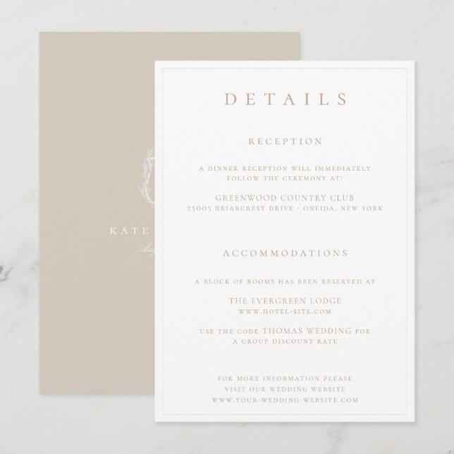 Carte D'accompagnement Botanique Crest Monogramme Détails du Mariage Boît (Devant / Derrière)