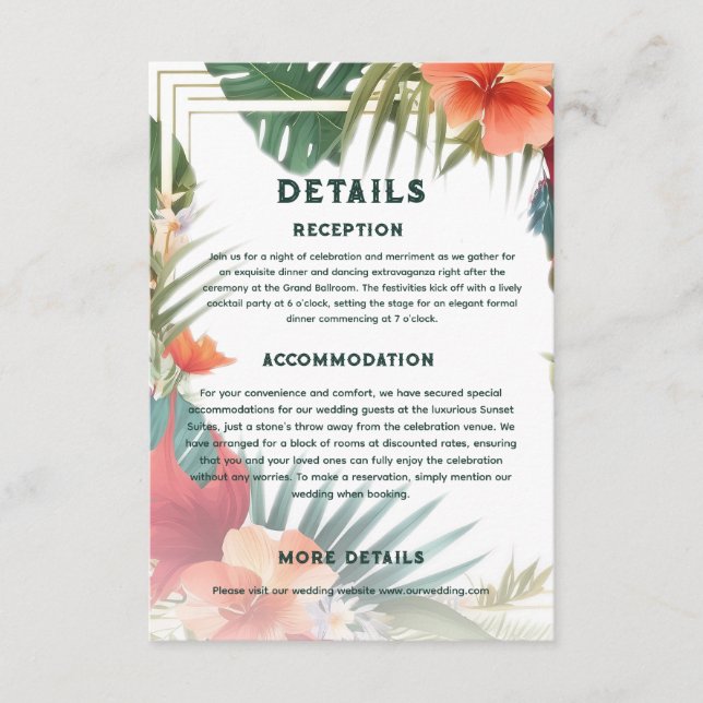 Carte D'accompagnement Botanique Exotique Destination Détails du mariage (Devant)
