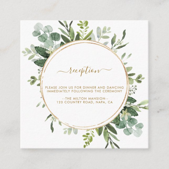 Carte D'accompagnement Botanique Gold Greenery Wreath Réception de mariag (Devant)