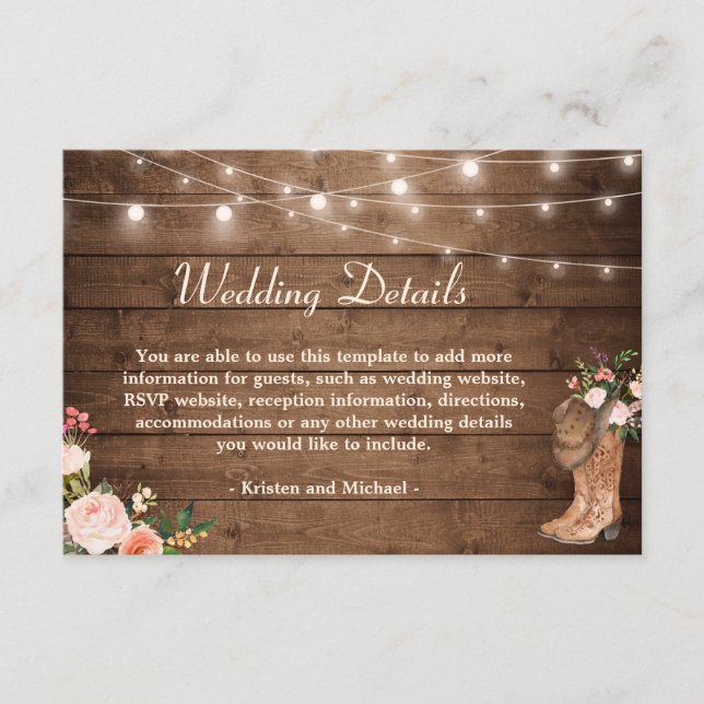 Carte D'accompagnement Botte rustique Flore Lights Mariage Détails (Devant)