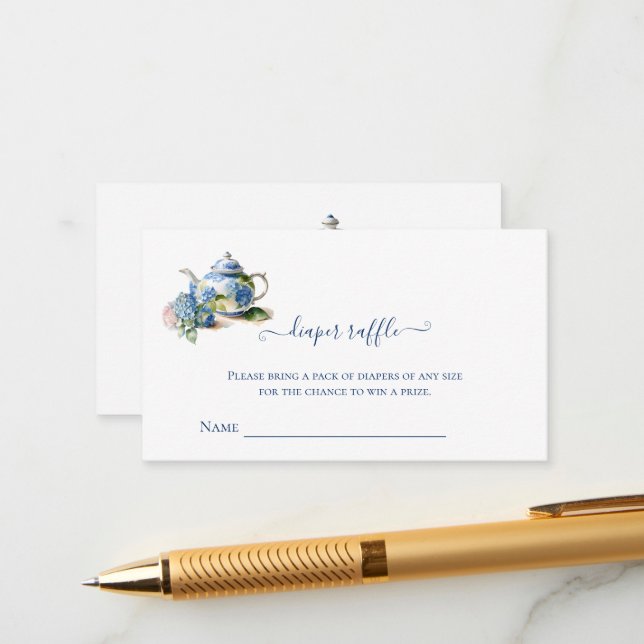 Carte D'accompagnement Bouche Raffle Blue Hydrangea Tea Party (Devant/Arrière en situation)