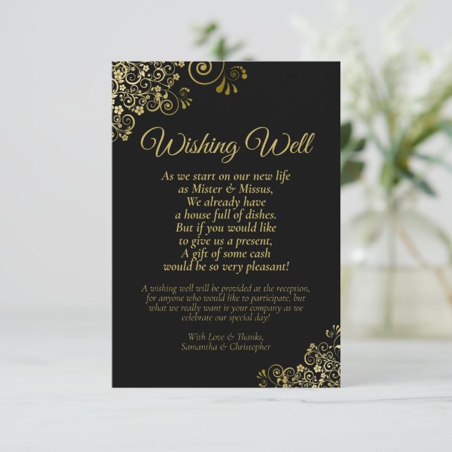 Carte D'accompagnement Boucles Noir & Or Mariage Souhaite bien Poem (Debout devant)
