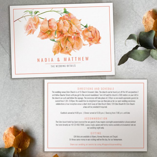 Carte D'accompagnement Bougainvillea aquarelle apricot détails du mariage (Créateur téléchargé)