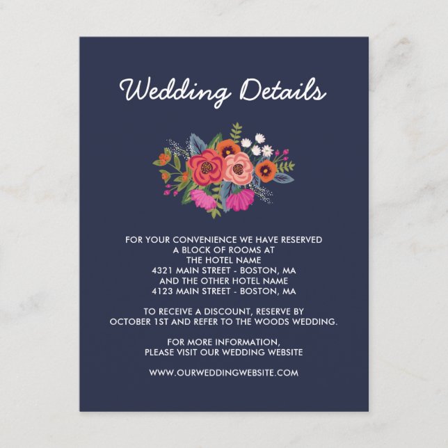 Carte D'accompagnement Bouquet de Bohême - Marine Blue Détails du Mariage (Devant)