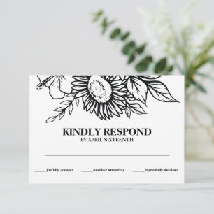 Carte D'accompagnement Bouquet de tournesol noir et blanc Boho