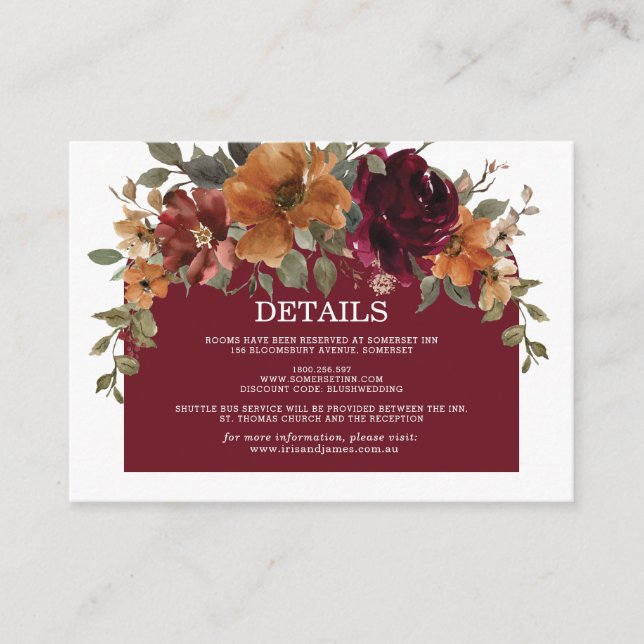 Carte D'accompagnement Bourgogne Brûlé Orange Rust Floral Détails Mariage (Devant)