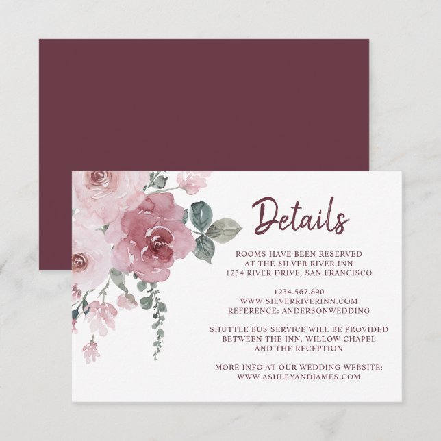 Carte D'accompagnement Bourgogne Dusty Rose Floral Détails Mariage Enclos (Devant / Derrière)