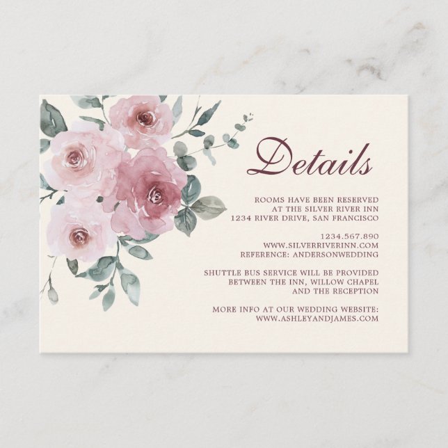 Carte D'accompagnement Bourgogne Dusty Rose Floral Détails Mariage Enclos (Devant)