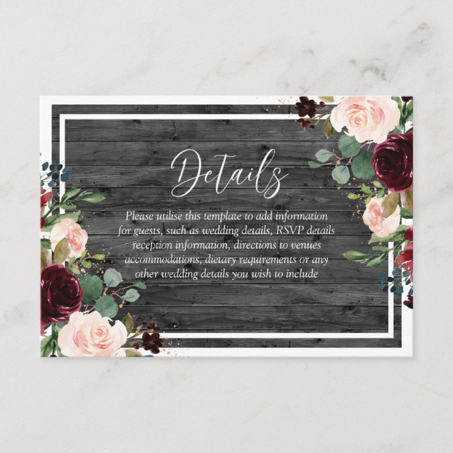 Carte D'accompagnement Bourgogne et Fleurs rousses Mariage de bois de cha (Devant)