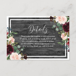 Carte D'accompagnement Bourgogne et Fleurs rousses Mariage de bois de cha