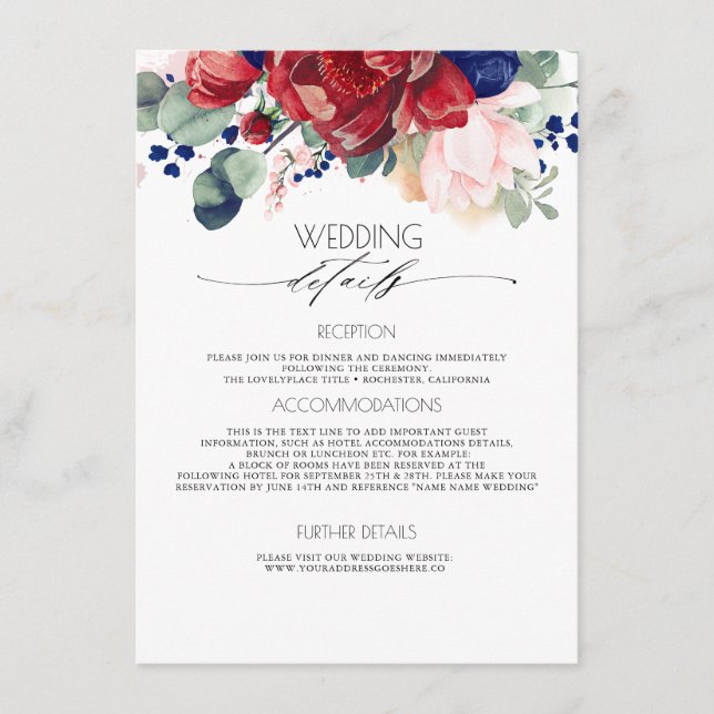 Carte D'accompagnement Bourgogne et marine Blue Mariage Information Invit (Devant)