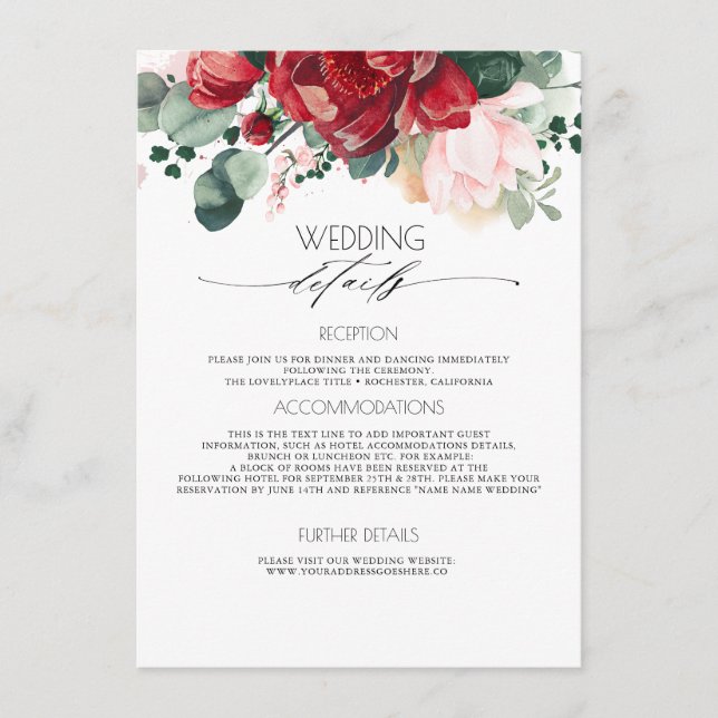 Carte D'accompagnement Bourgogne et rose pâle Information du Mariage Invi (Devant)