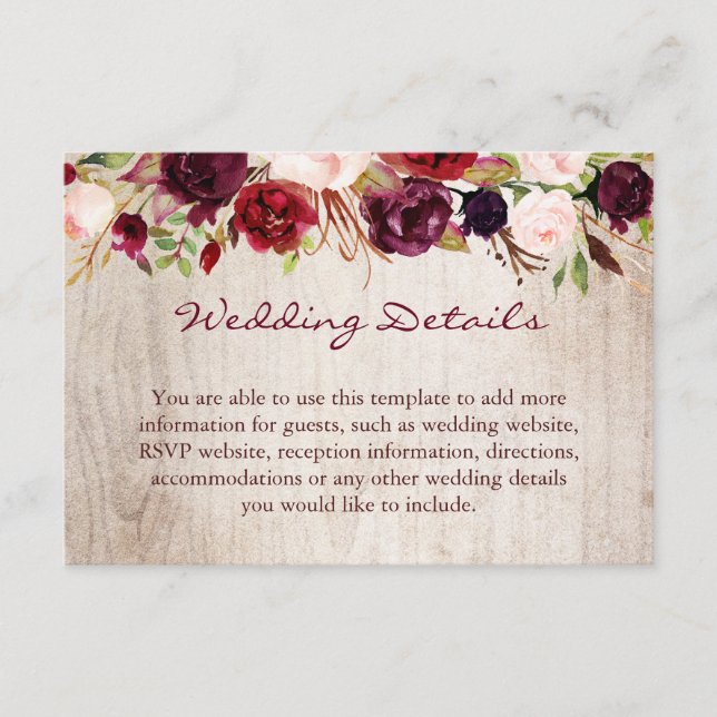 Carte D'accompagnement Bourgogne Floral Rustique Bois Détails du Mariage  (Devant)