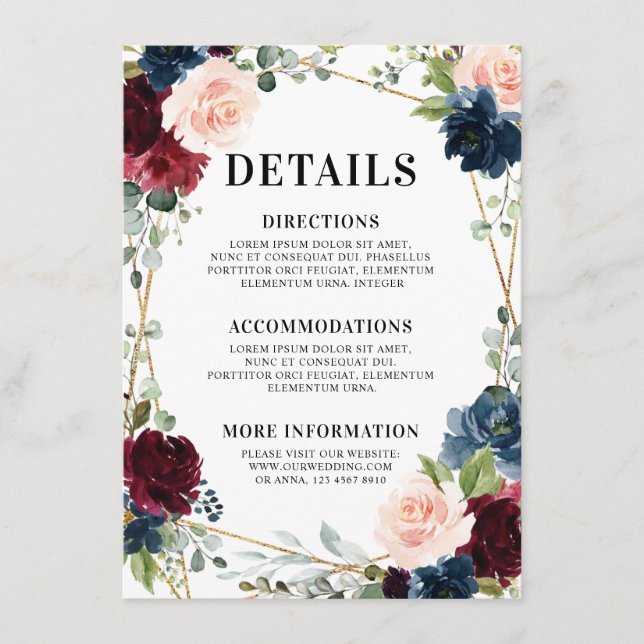 Carte D'accompagnement Bourgogne Marin Blush Floral Géométrique Mariage (Devant)
