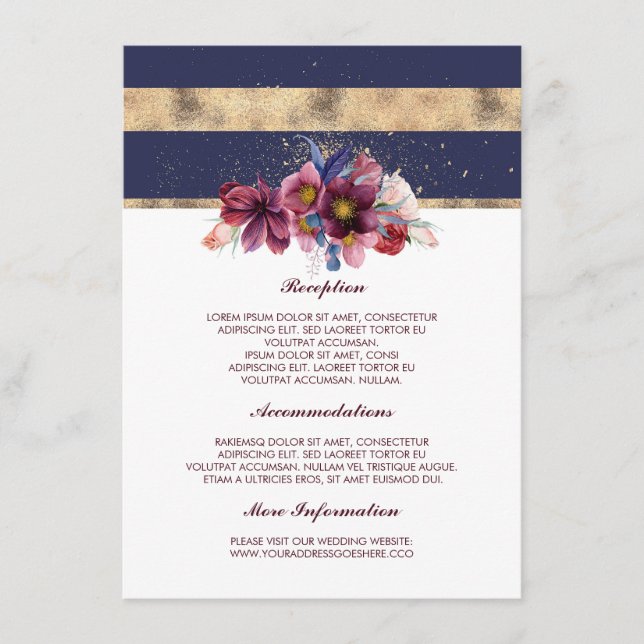 Carte D'accompagnement Bourgogne Marine et Gold Mariage Information Invit (Devant)