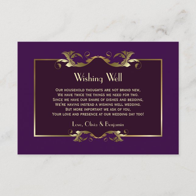 Carte D'accompagnement Bourgogne Purple Gold Mariage Wishing well Poem (Devant)