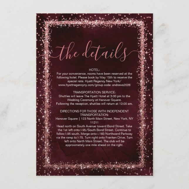 Carte D'accompagnement Bourgogne Rose Gold Sprinted Confetti Détails (Devant)