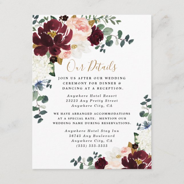 Carte D'accompagnement Bourgogne Rouge Bleu rose et or Mariage Floral (Devant)