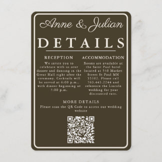 Carte D'accompagnement Brown Modern Wedding Details Card QR Code & photo