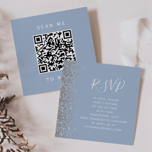 Carte D'accompagnement Budget Bleu Poussiéreux Argent Mariage QR Code RSV