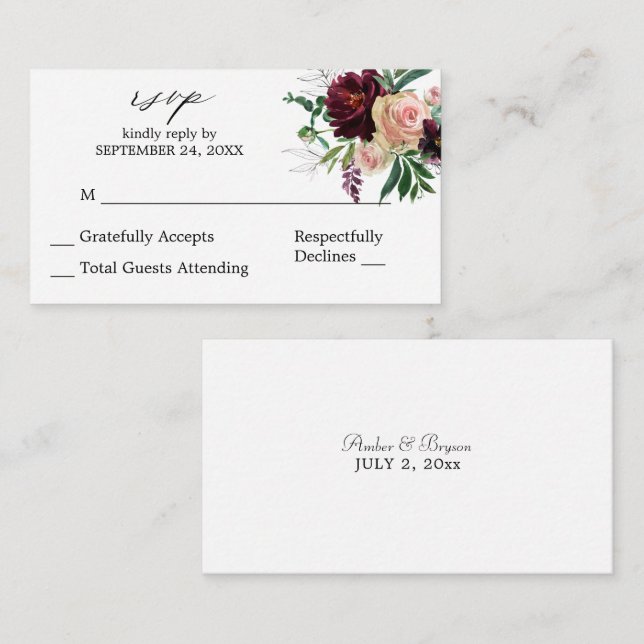 Carte D'accompagnement Budget Bourgogne & Blush Floral 2SMb Pas de repas  (Devant / Derrière)