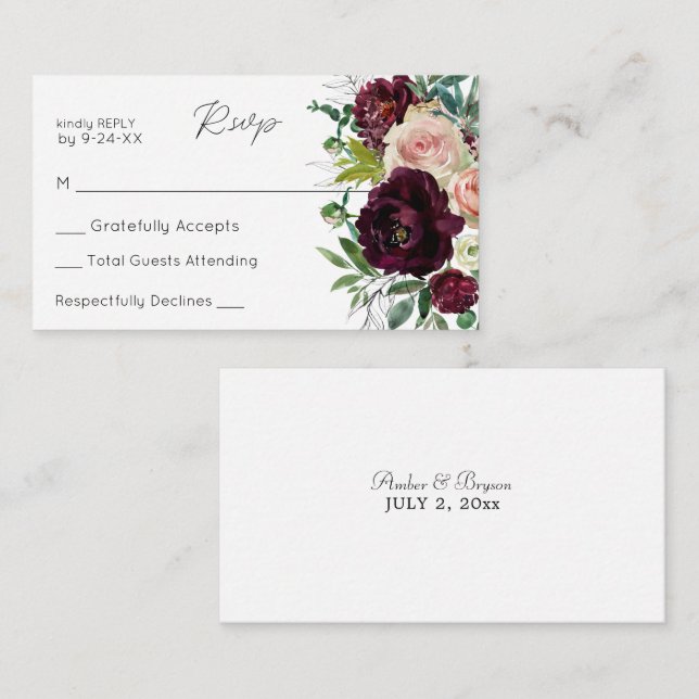 Carte D'accompagnement Budget Bourgogne & Blush Floral 3SM Pas de repas R (Devant / Derrière)
