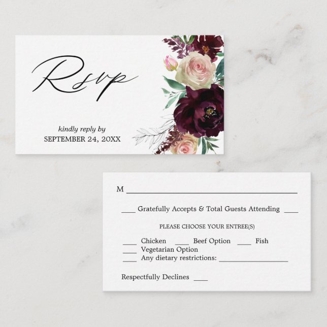Carte D'accompagnement Budget Bourgogne & Pink Floral 2SM Repas RSVP (Devant / Derrière)