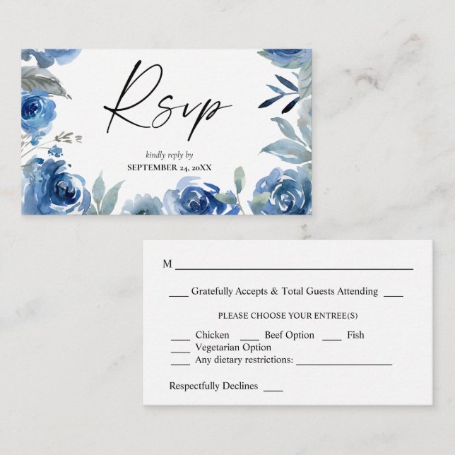Carte D'accompagnement Budget Dusty Blue & Blue Floral 2SM Repas RSVP (Devant / Derrière)