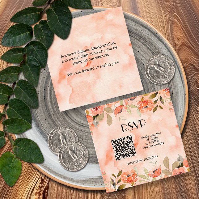 Carte D'accompagnement Budget Floral QR Code RSVP Mariage (Orange floral QR code wedding RSVP enclosure cards)
