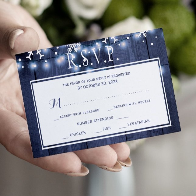 Carte D'accompagnement Budget mariage d'hiver marine flocons blancs RSVP (Créateur téléchargé)