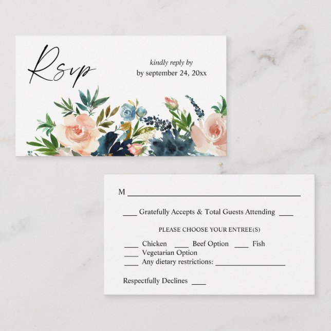 Carte D'accompagnement Budget Navy, Dusty Blue & Pink Floral 2SM Repas RS (Devant / Derrière)