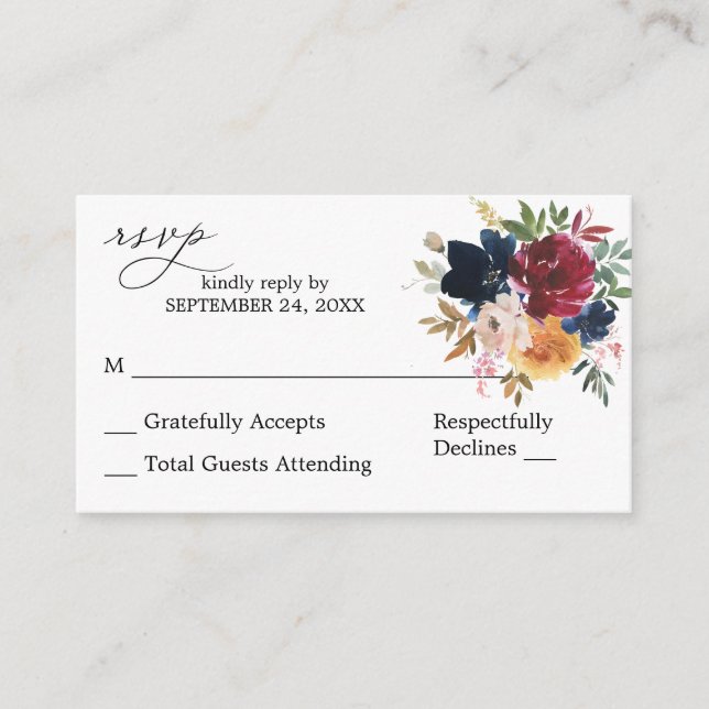 Carte D'accompagnement Budget Peach, Navy, Bourgogne Floral SM No Repas R (Devant)