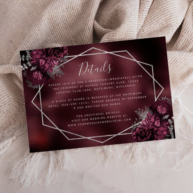 Carte D'accompagnement Burgundy Argent Floral Frame Détails du Mariage (Créateur téléchargé)