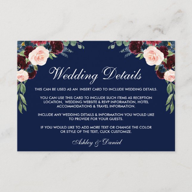 Carte D'accompagnement Burgundy Blue Floral Détails du Mariage Insérer un (Devant)