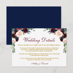 Carte D'accompagnement Burgundy Blue Floral Gold Détails du Mariage Insér