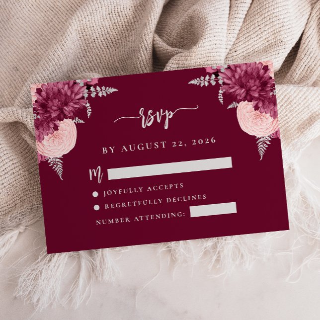 Carte D'accompagnement Burgundy Blush Argent Floral Script Mariage RSVP (Créateur téléchargé)