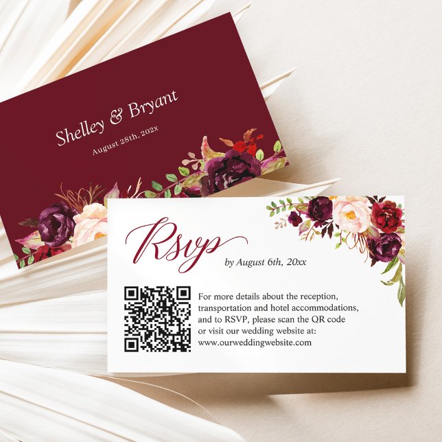 Carte D'accompagnement Burgundy Blush Floral Mariage Website RSVP QR Code (Créateur téléchargé)