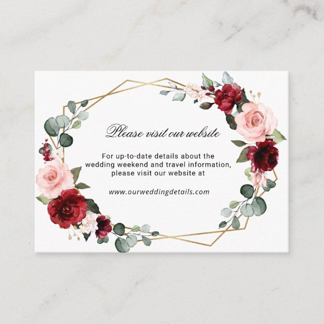 Carte D'accompagnement Burgundy Blush Floral moderne Mariage géométrique (Devant)