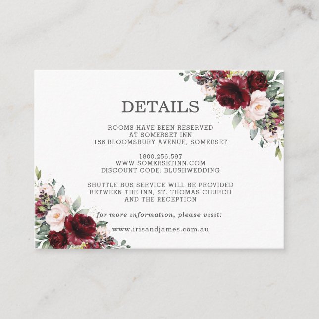 Carte D'accompagnement Burgundy Blush Rose Floral Détails du Mariage (Devant)