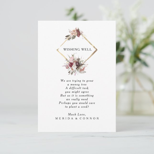 Carte D'accompagnement Burgundy Boho Floral Mariage Wishing Well Card (Debout devant)