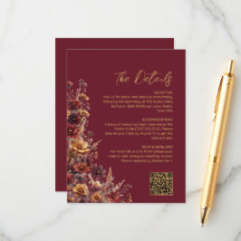 Carte D'accompagnement Burgundy Boho Wildflowers QR Code Wedding Details