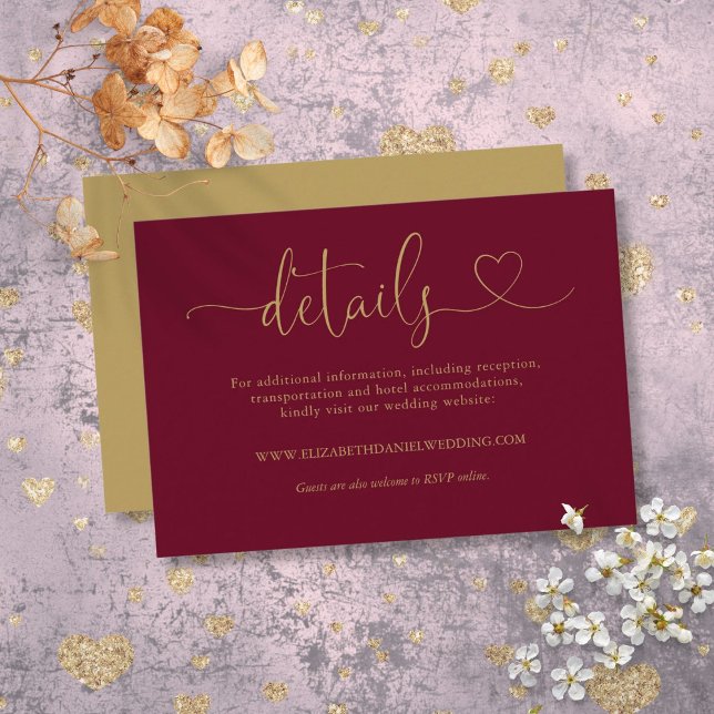 Carte D'accompagnement Burgundy Et Gold Heart Script Détails du Mariage (Burgundy And Gold Heart Script Wedding Details Enclosure Card)