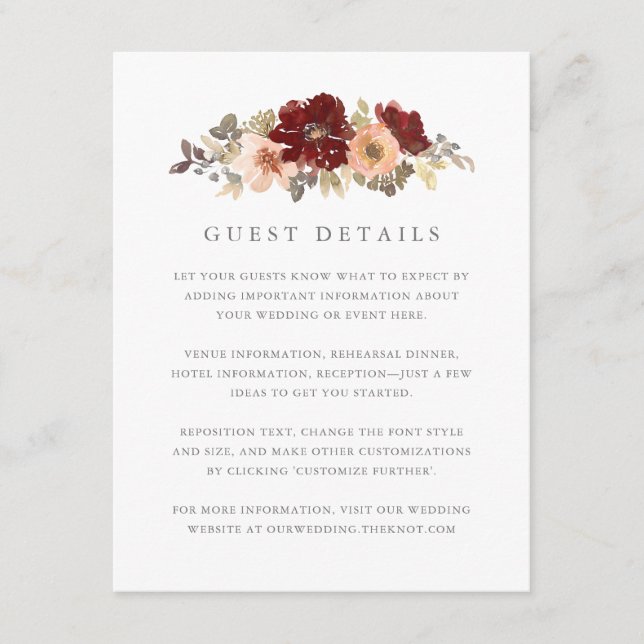 Carte D'accompagnement Burgundy et Peach Floral Mariage Détails au sujet  (Devant)